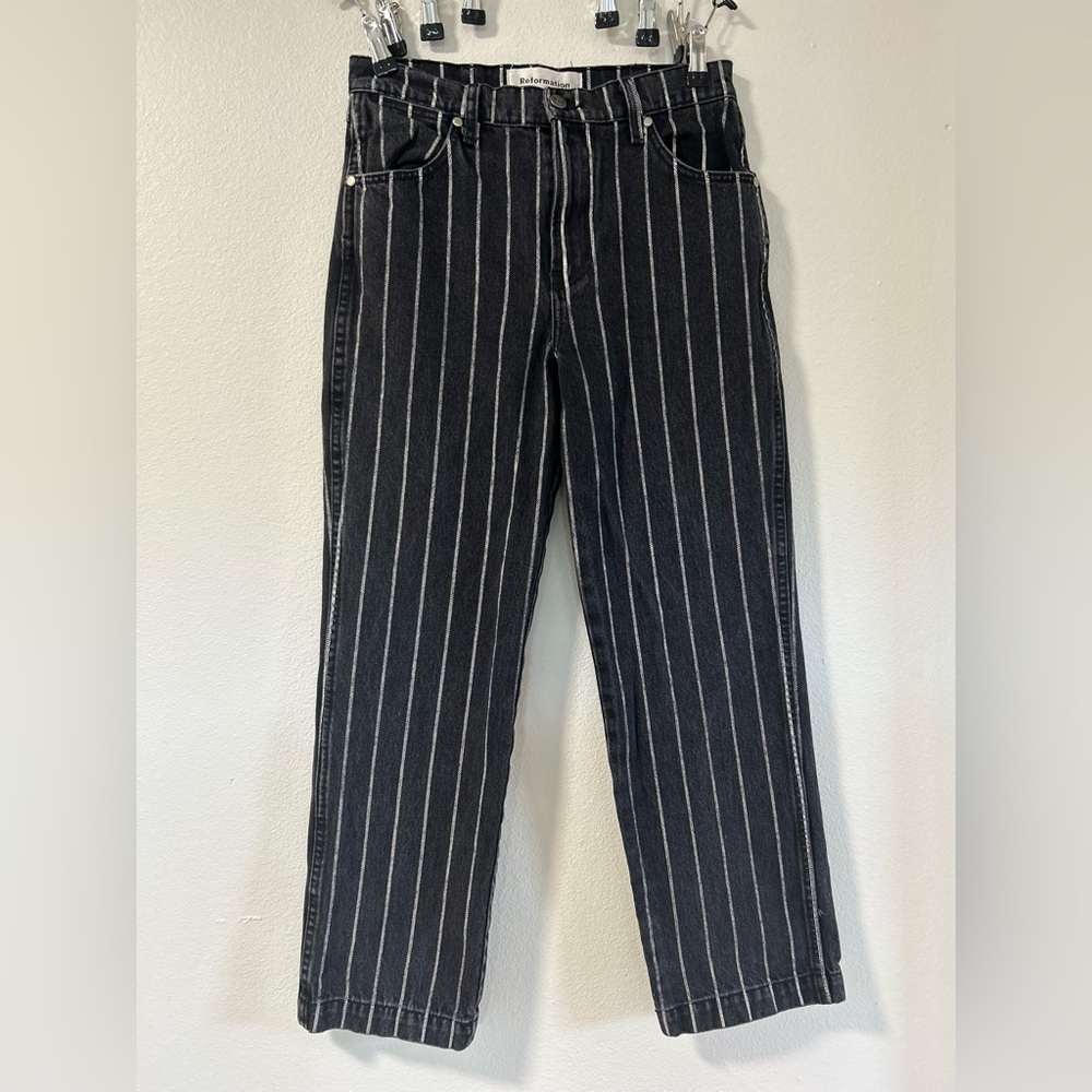 Reformation Black and White Striped Straight Leg Jeans